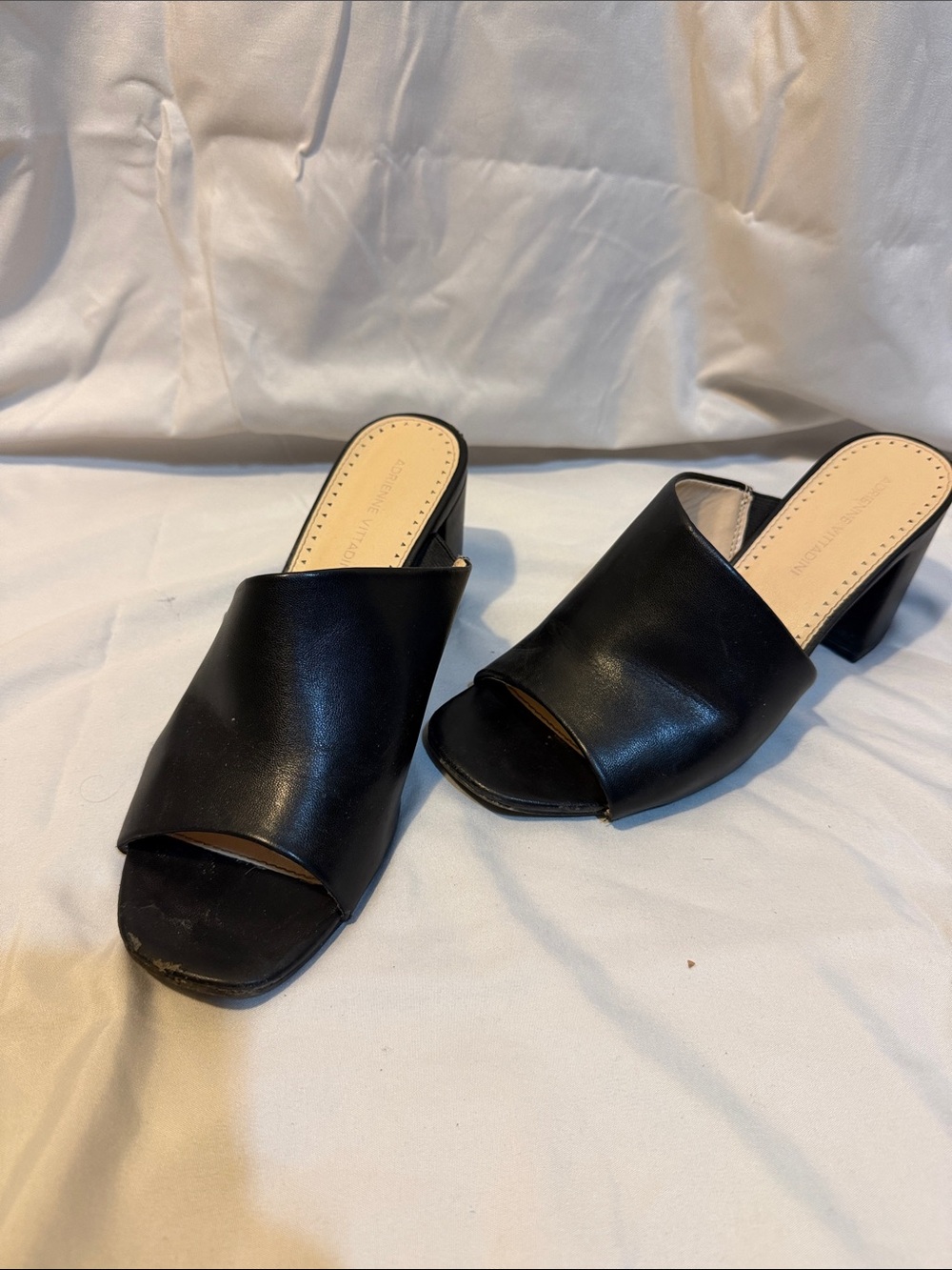 Black Leather Open-Toe Block Heel Mules
